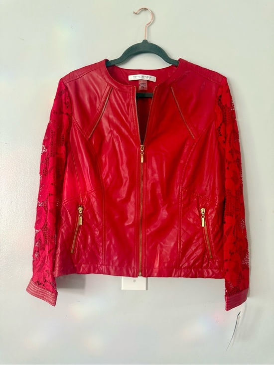 Peter Nygard Jackets & Blazers - Peter Nygard Red Faux Leather Jacket Floral Lace Sleeve Moto Full Zip PM Edgy